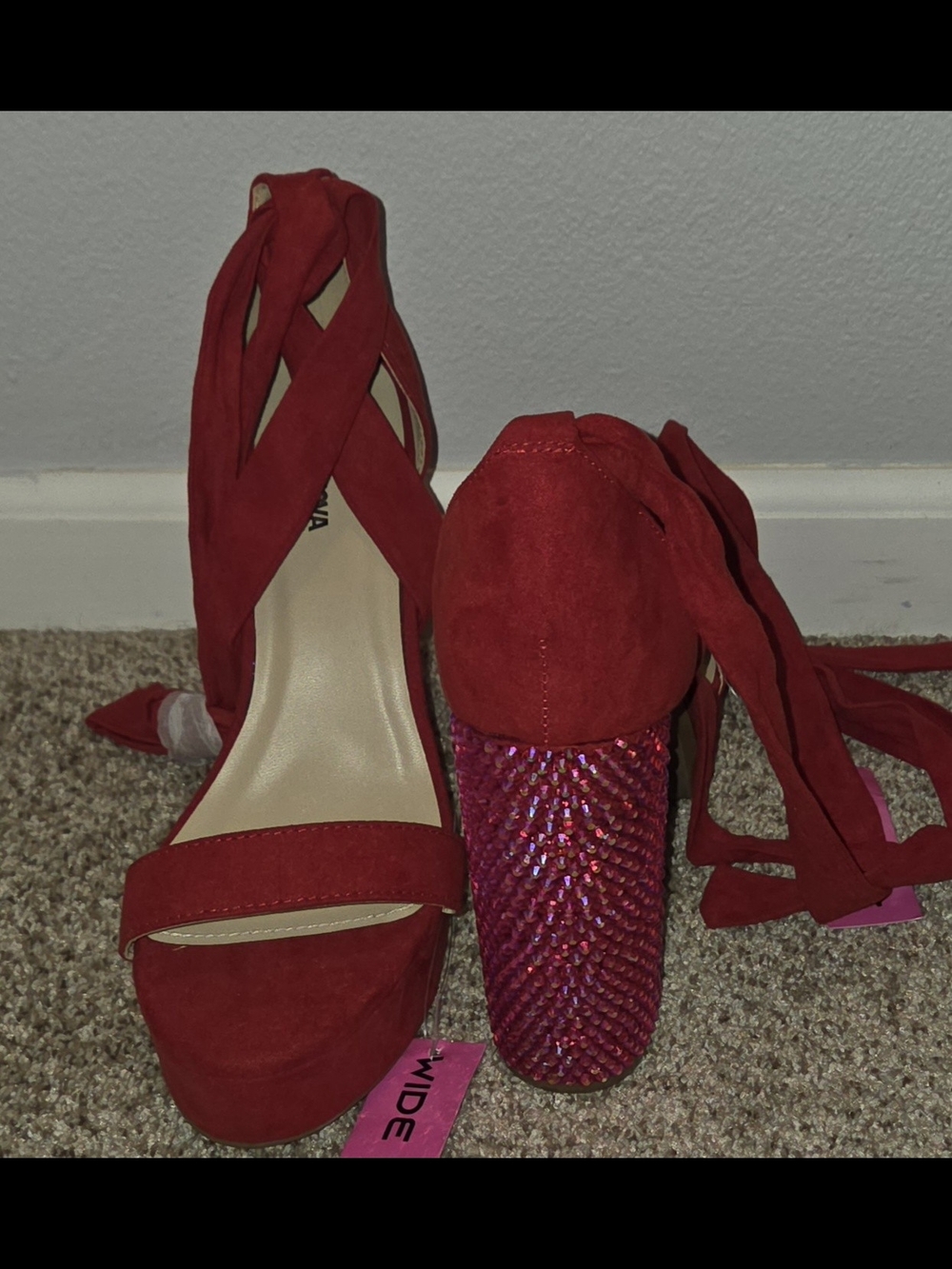 Fashion Nova Red Rhinestone Platform Lace-Up Heels